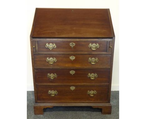 Edwardian mahogany bureau, sloped fall front enclosing fitted interior, four graduating drawers, on bracket feet, W77cm, H106