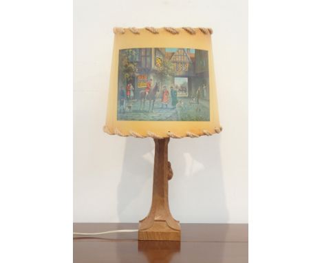 'Mouseman' adzed oak table lamp, with shade depicting hunt scene, H25cm (excluding fitting) Condition Report & Further Detail