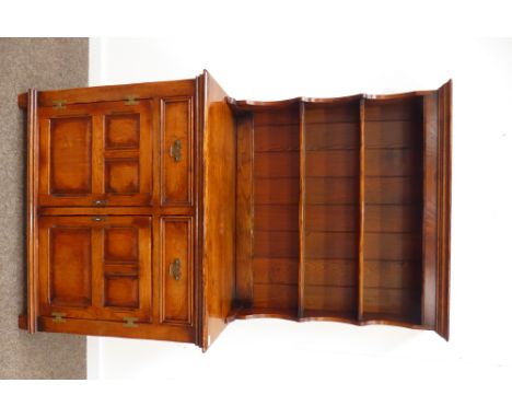 Medium oak dresser, two heights plate rack above two drawers and two panelled doors, by 'S. Cumper Ltd. Salisbury', W111cm, H