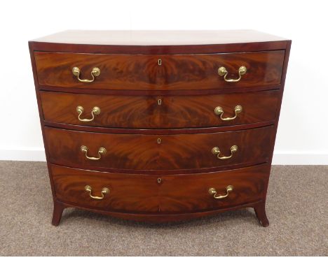 Early 19th century mahogany bow front chest, four graduating figured drawers, out splayed bracket supports, W96cm, H82cm, D60