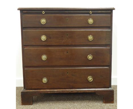 George II red walnut bachelors chest, rectangular moulded top over brushing slide and four long graduating drawers with oak l