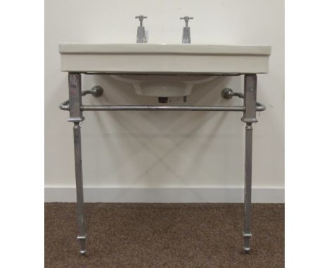 1930s Art Deco 'Shanks' enamel sink with chrome taps and stand, W76cm - no screws, cracks around plug hole Condition Report &