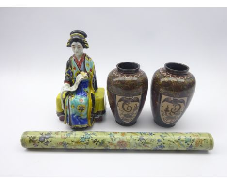 Indian Kashmiri cylindrical scroll case, painted with birds and insects amongst foliage, pair Chinese Cloisonne baluster vase