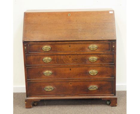 18th century oak bureau, fall front enclosing fitted interior, four graduating drawers, bracket feet, W104cm, H108cm, D542c C