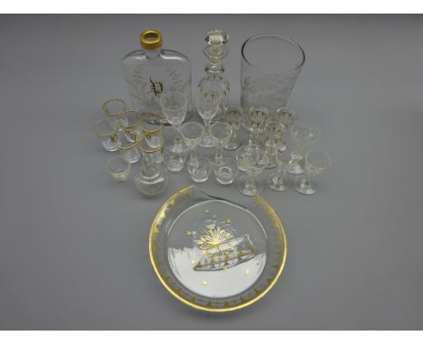 19th century gilt decorated glass decanter set & four glasses on circular tray, 19th century glass hip flask etched with fern