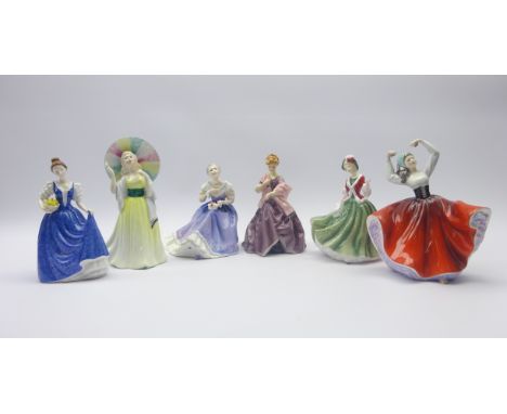 Five Royal Doulton figures; Jane, Karen, Christmas Day, Pretty Ladies - Helen & Happy Anniversary, four boxed and a Royal Wor
