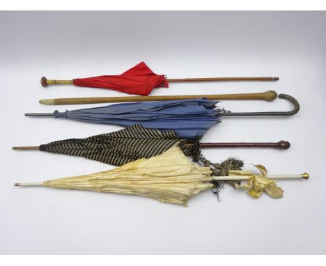 Early 20th century umbrella by Ben Cox, silk embroidered parasol and other parasols and walking stick  Condition Report & Fur