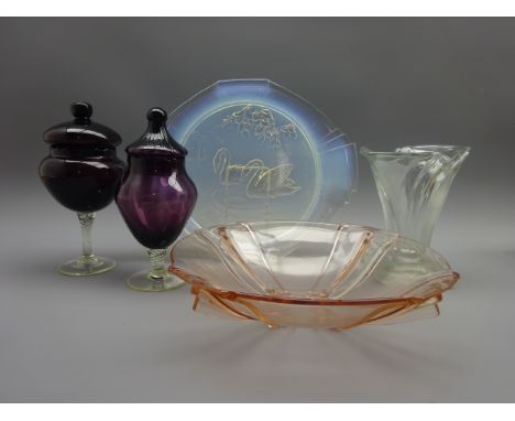 Art Deco opalescent glass dish moulded with Swans by Julien, L31cm, Walther & Sohne 'Greta' vase, Stolzle Hermanova Hut glass