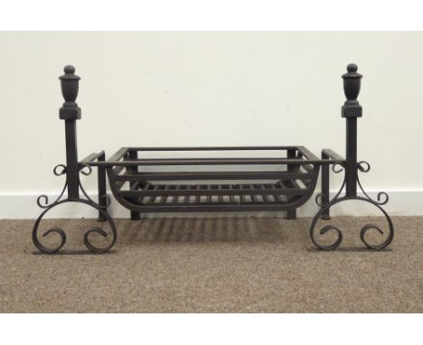 Wrought metal fire basket, scroll work fire dogs with finial tops, W89cm Condition Report & Further Details Click here for fu