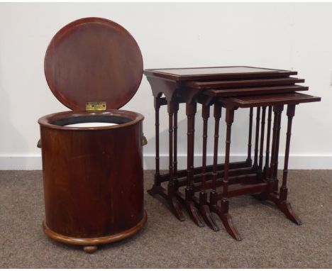 Victorian circular bedside stand, hinged top with ceramic pot and cover; and a quartetto nest of four tables (2) Condition Re