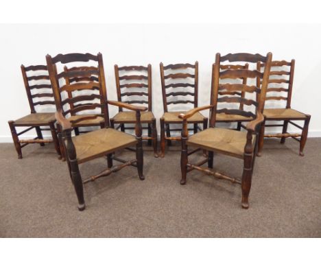 Matched set eight early 19th century county elm ladder back dining chairs with rush seats, cabriole supports connected by tur
