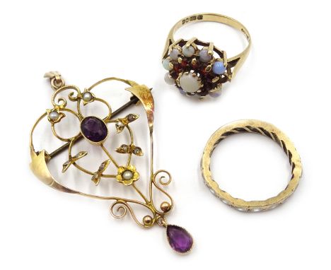 Gold amethyst and seed pearl pendant brooch, stamped 9ct, opal and garnet cluster ring, hallmarked 9ct and one other ring Con