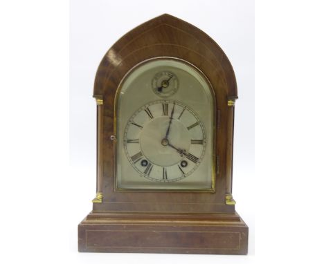 Edwardian mahogany lancet mantel clock, silvered Arabic dial with slow/fast lever, Winterhalder &amp; Hofmeier movement quart