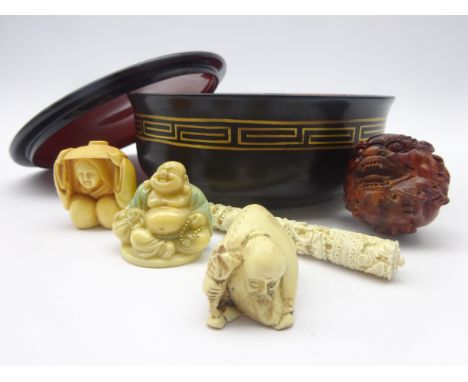 19th century Cantonese ivory needle case, carved in relief with a a Dragon & insects amongst foliage, ivorine Netsuke style f