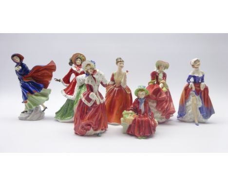Seven Royal Doulton figures; Wintertime, Christmas Morn, Phyllis, Linda, Top O' The Hill, Flower of Love (boxed) & May (7) Co