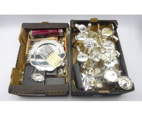 Quantity of silver plated ware including 19th century teapot, flatware, toast racks, tea sets, set of four embossed decanter 