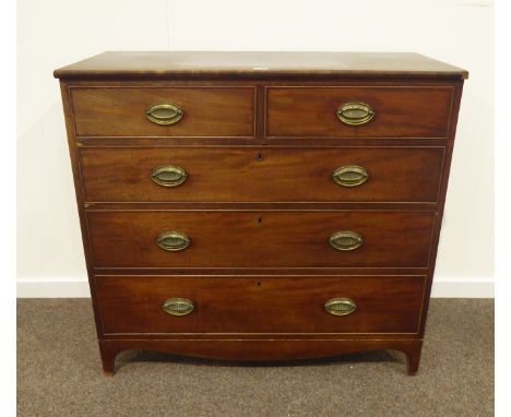 Early 19th century mahogany chest, two short and three long drawers, shaped apron with bracket feet, W110cm, H102cm, D51cm Co