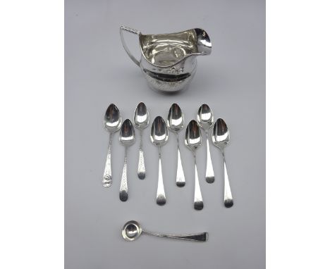 George III silver milk jug with engraved decoration by John Muns, set of six teaspoons, 1829 and other George III teaspoons a