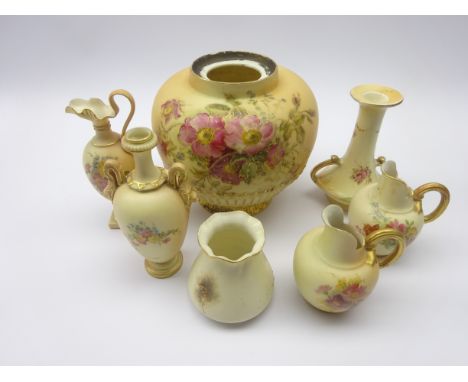 Group of early 20th century Royal Worcester blush ivory ceramics comprising a vase painted with bird, shape no. G957, potpour