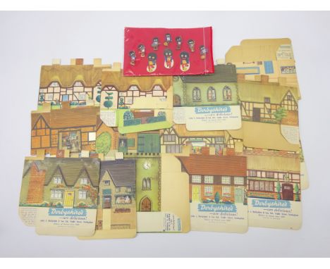 Seven Robertsons Gold Shread enamel badges & three stickers and 15 Derbyshire cardboard house shaped sweet boxes Condition Re
