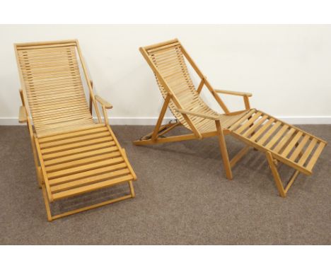 Pair light oak folding garden sun loungers with removable foot rests Condition Report & Further Details Click here for furthe
