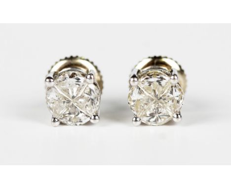 A pair of 18ct white gold and diamond earstuds, each claw set with four diamonds forming a circle, with threaded post and scr