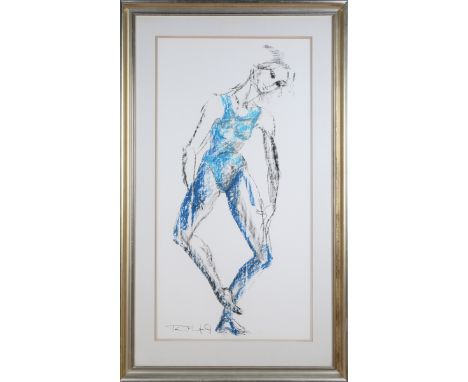 Tom Merrifield - Dancer, charcoal and pastel, signed in pencil recto, exhibition catalogue verso, 92cm x 47cm, within a paint