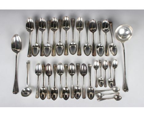 A late Victorian part canteen of silver Hanoverian Rat Tail cutlery, comprising fifteen table forks, nine tablespoons, five s