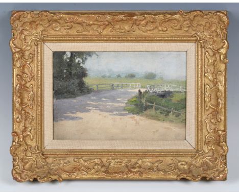 British School - A Fenland Landscape with Bridge, early 20th century oil on canvas-board, 15cm x 23cm, within a gilt composit