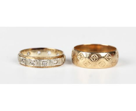 A 9ct gold wedding ring with engraved decoration, London 1969, ring size approx P, and a 9ct two colour gold and colourless g