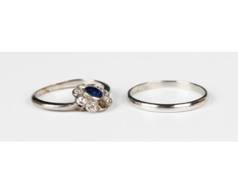 A platinum wedding ring, detailed 'Plat', weight 2.2g, ring size approx N1/2, and a sapphire and diamond ring (one diamond la