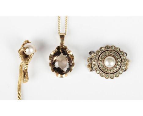 A gold stickpin, designed as a claw holding a cultured pearl, unmarked, weight 2.6g, length of top 1.8cm, a 9ct gold pendant,