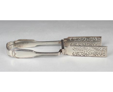 A pair of Victorian silver Fiddle and Thread pattern asparagus tongs, each blade with pierced scroll decoration, London 1845 