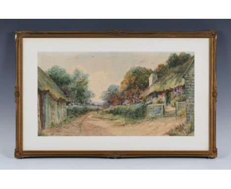 Leyton Forbes - Thatched Cottages with Gardens in Bloom along a Country Lane, a pair of 19th century watercolours, both signe