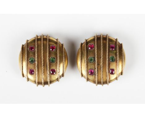 A pair of French gold, ruby, emerald and gem set dress studs, last quarter of the 19th century, each of circular form with ap