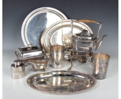 A collection of plated items, including a pair of Victorian cylindrical beakers, a spirit kettle-on-stand, a small entrée dis