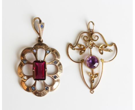 A gold, amethyst and seed pearl pendant, first quarter of the 20th century, pierced in an openwork foliate design, collet set
