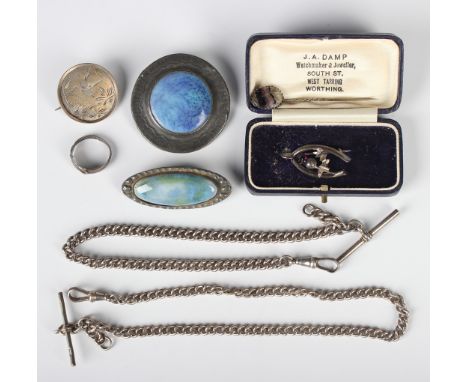 Two Ruskin style pottery blue glazed stoneware brooches, a late Victorian silver and Blue John mounted stickpin, Birmingham 1