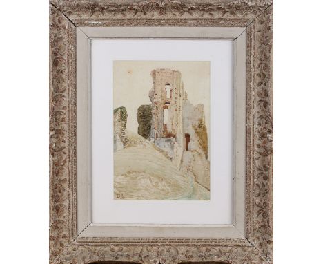 Walter Crane - 'Corfe Castle', watercolour, signed with monogram recto, inscribed, dated 1889 and signed in full verso, 25.5c