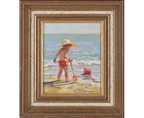 Pauline Brown - Children playing on a Beach, a pair of 20th century oils on board, both signed, each 14m x 11.5cm, both withi