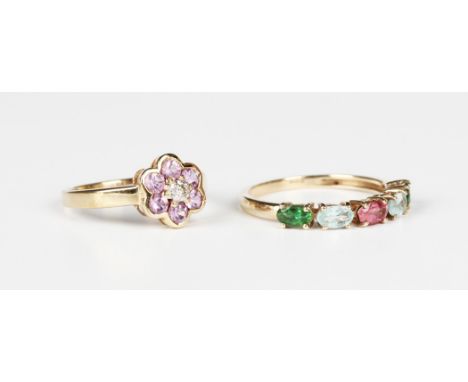 A gold, diamond and pink sapphire seven stone cluster ring, detailed '375', ring size approx N1/2, and a 9ct gold, aquamarine