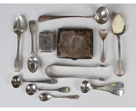 A group of silver items, comprising a Victorian rectangular vesta case with engraved decoration, Birmingham 1890, a rectangul