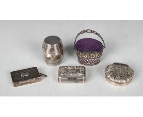 A George III silver rectangular vinaigrette, the hinged lid and base decorated in relief with a band of shells within engrave