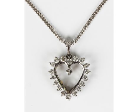 A diamond pendant in an open heart shaped design, claw set with circular cut diamonds, length 3cm, weight 3.7g, on a 9ct whit