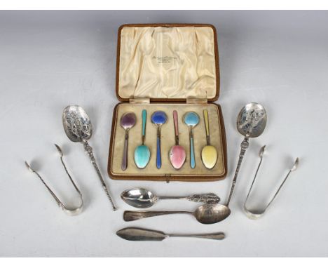 A pair of George V silver anointing spoons, Birmingham 1910 by Elkington &amp; Co, length 17.5cm, two pairs of silver sugar t