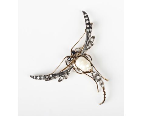 An Italian gold and silver set, sapphire, diamond and cultured pearl dragonfly brooch, the body set with a cultured pearl, th