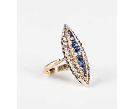 A gold, silver, sapphire and diamond marquise shaped cluster ring, first quarter of the 20th century, mounted with a row of s