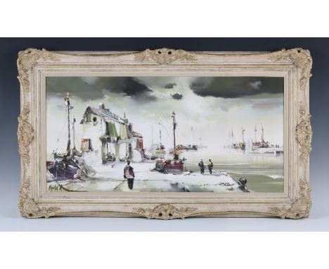 Jorge Aguilar-Agon - Harbour with Figures and Boats, 20th century oil on canvas, signed, 44cm x 90cm, within a swept painted 