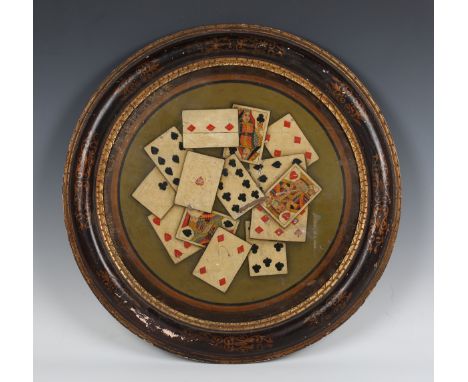 British School - Tondo Trompe L'Oeil Arrangement of Playing Cards, 20th century oil on panel, 43.5cm diameter, within a paint
