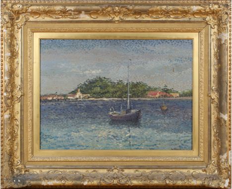 Follower of Louis Hayet - Seascape with Sailing Vessel and Coastline, 20th century oil on canvas, bears signature and date, 3